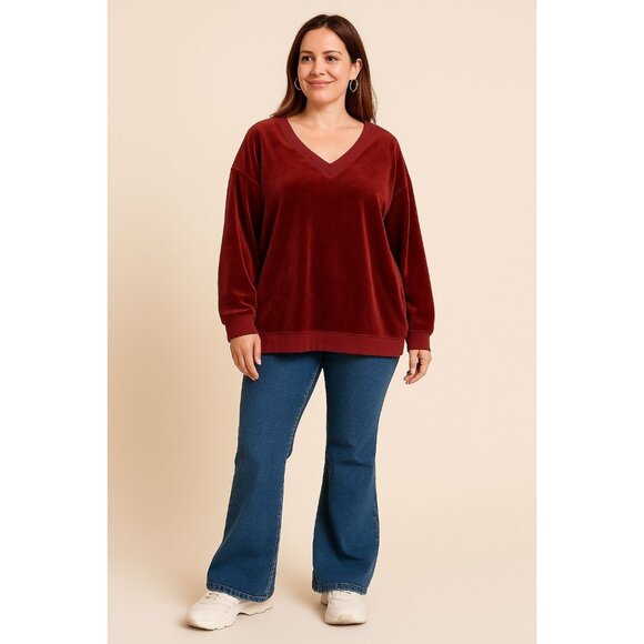 Womens Y2K Velour Pullover Top 18/20 Burgundy V-Neck Oversized Cozy Lagenlook - Picture 1 of 6